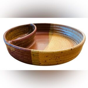 Neher Art Pottery Chip & Dip Bowl Divided Clay in Motion signed 1987 Tan Rust
